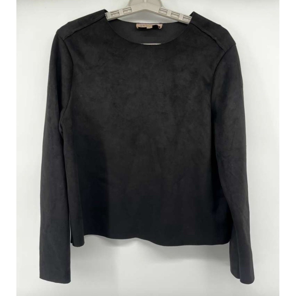 Philosophy Black Faux Leather Trim Blouse Large Long Sleeve Minimalist